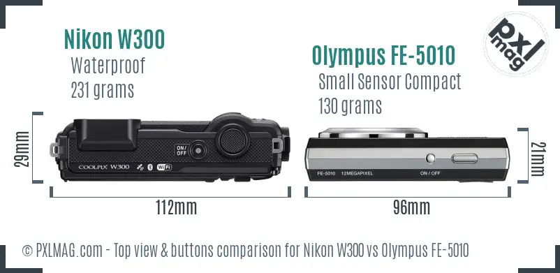 Nikon W300 vs Olympus FE-5010 top view buttons comparison