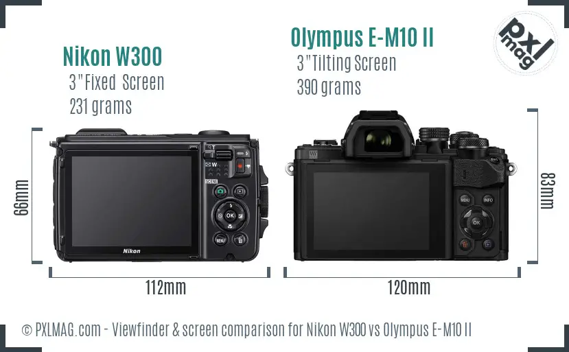 Nikon W300 vs Olympus E-M10 II Screen and Viewfinder comparison