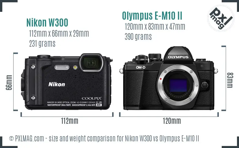 Nikon W300 vs Olympus E-M10 II size comparison