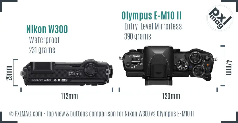 Nikon W300 vs Olympus E-M10 II top view buttons comparison