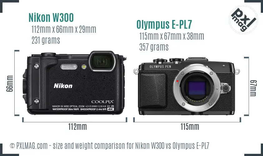 Nikon W300 vs Olympus E-PL7 size comparison