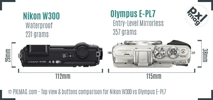 Nikon W300 vs Olympus E-PL7 top view buttons comparison
