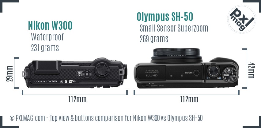 Nikon W300 vs Olympus SH-50 top view buttons comparison