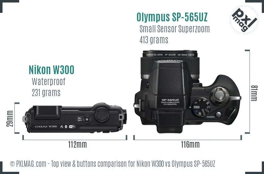 Nikon W300 vs Olympus SP-565UZ top view buttons comparison