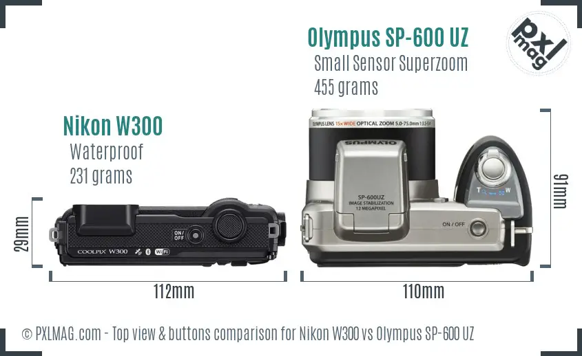 Nikon W300 vs Olympus SP-600 UZ top view buttons comparison