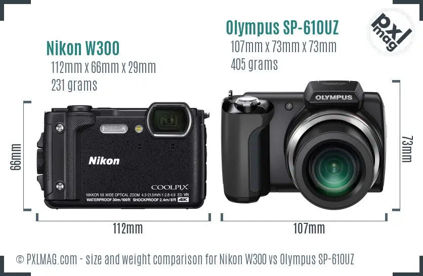 Nikon W300 vs Olympus SP-610UZ size comparison