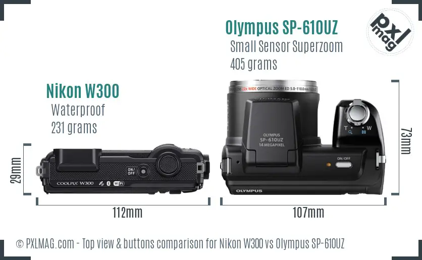 Nikon W300 vs Olympus SP-610UZ top view buttons comparison