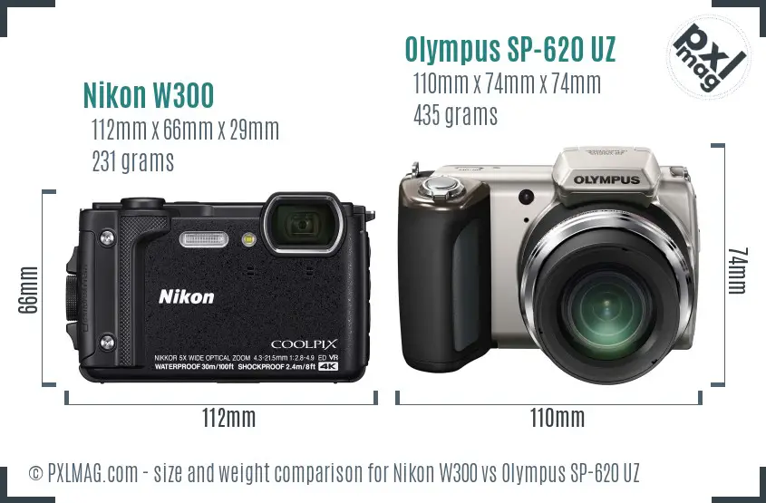 Nikon W300 vs Olympus SP-620 UZ size comparison