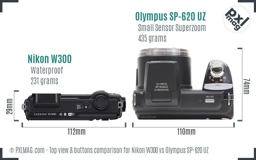 Nikon W300 vs Olympus SP-620 UZ top view buttons comparison