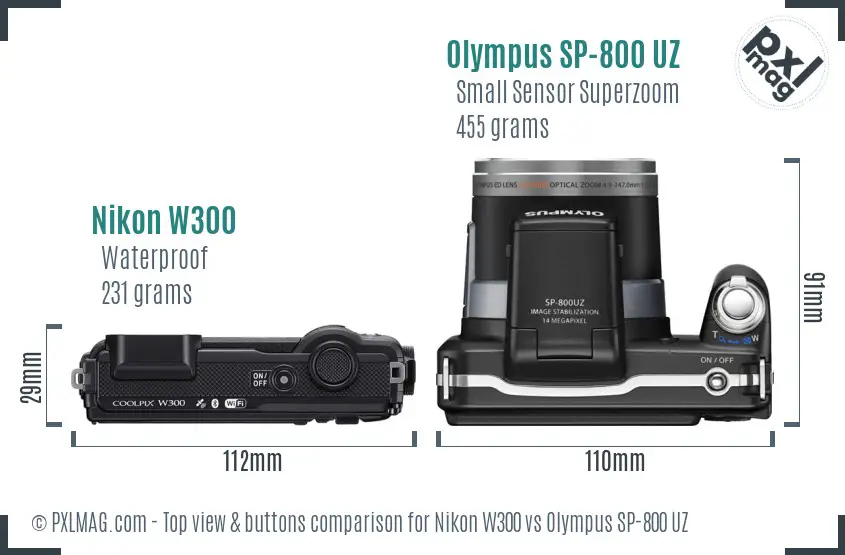 Nikon W300 vs Olympus SP-800 UZ top view buttons comparison