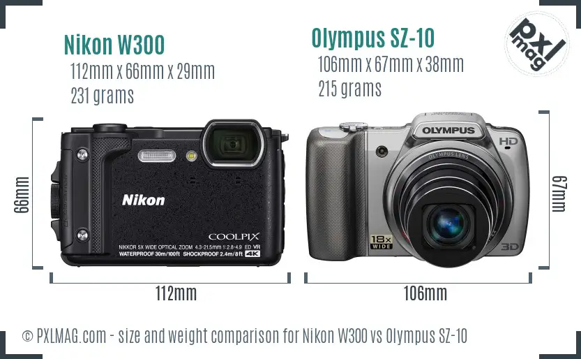 Nikon W300 vs Olympus SZ-10 size comparison