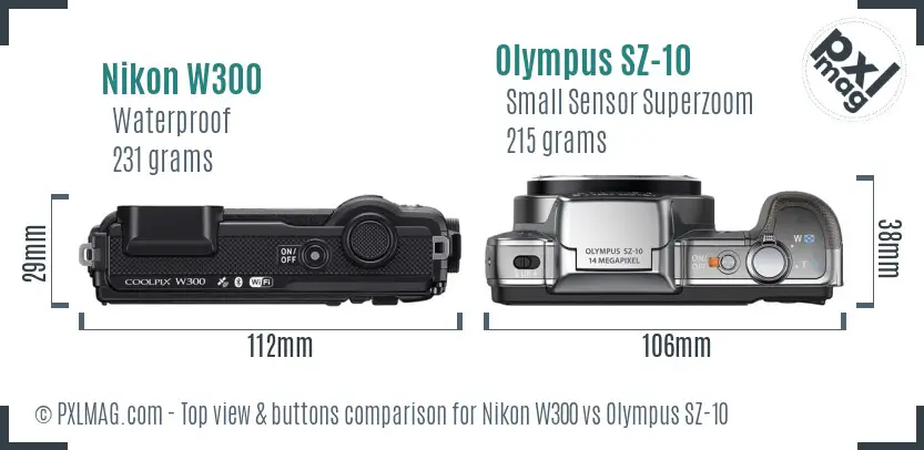 Nikon W300 vs Olympus SZ-10 top view buttons comparison