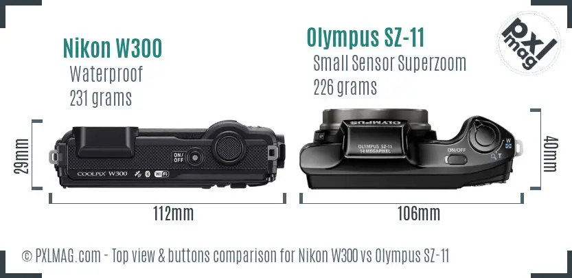Nikon W300 vs Olympus SZ-11 top view buttons comparison