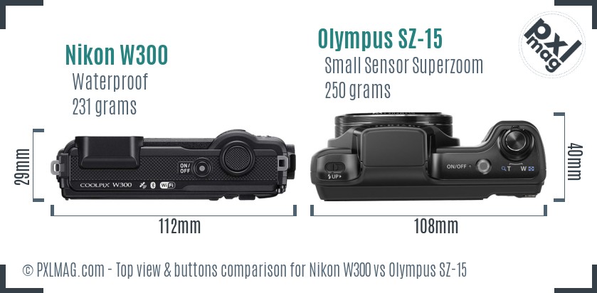 Nikon W300 vs Olympus SZ-15 top view buttons comparison