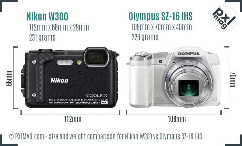 Nikon W300 vs Olympus SZ-16 iHS size comparison Nikon W300 vs Olympus SZ-16 iHS size comparison