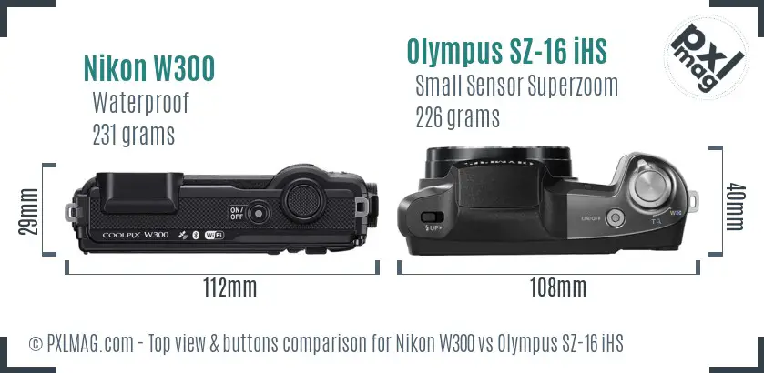 Nikon W300 vs Olympus SZ-16 iHS top view buttons comparison