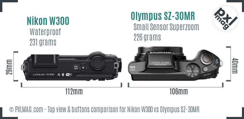 Nikon W300 vs Olympus SZ-30MR top view buttons comparison