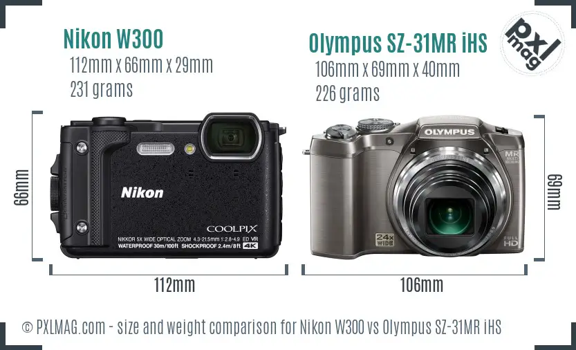 Nikon W300 vs Olympus SZ-31MR iHS size comparison