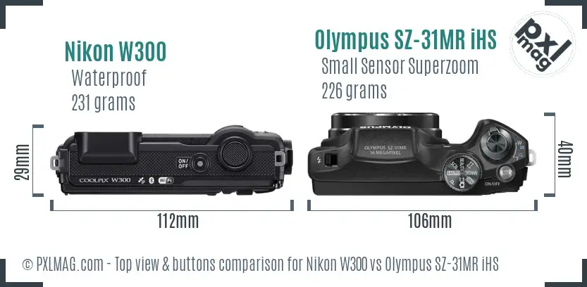 Nikon W300 vs Olympus SZ-31MR iHS top view buttons comparison