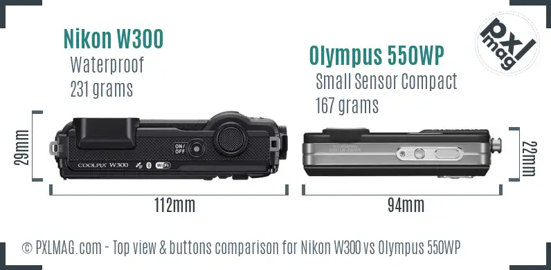 Nikon W300 vs Olympus 550WP top view buttons comparison