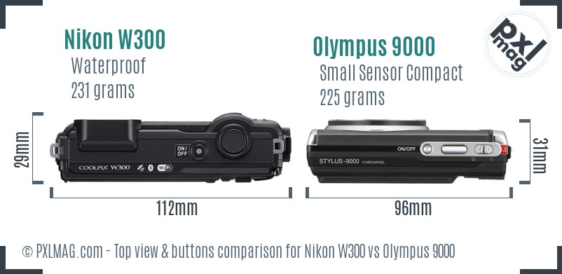 Nikon W300 vs Olympus 9000 top view buttons comparison