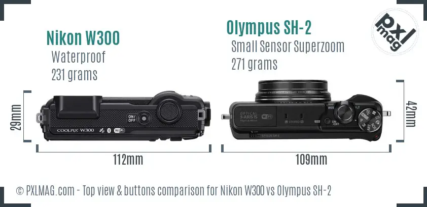 Nikon W300 vs Olympus SH-2 top view buttons comparison Nikon W300 vs Olympus SH-2 top view buttons comparison