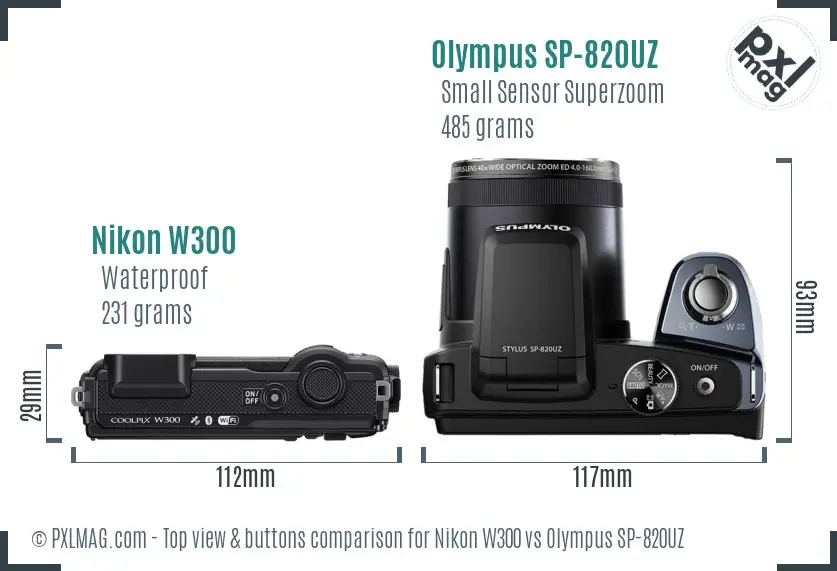 Nikon W300 vs Olympus SP-820UZ top view buttons comparison