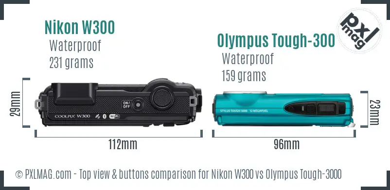Nikon W300 vs Olympus Tough-3000 top view buttons comparison