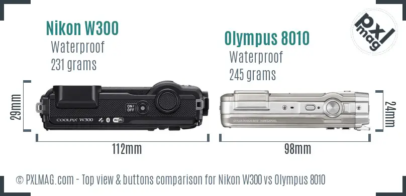 Nikon W300 vs Olympus 8010 top view buttons comparison
