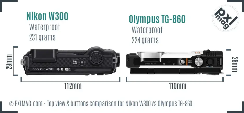 Nikon W300 vs Olympus TG-860 top view buttons comparison