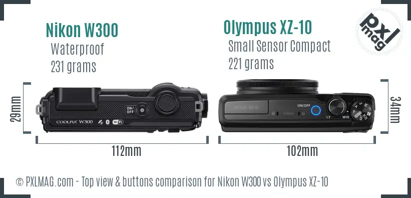 Nikon W300 vs Olympus XZ-10 top view buttons comparison
