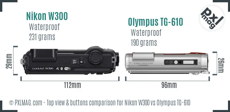 Nikon W300 vs Olympus TG-610 top view buttons comparison