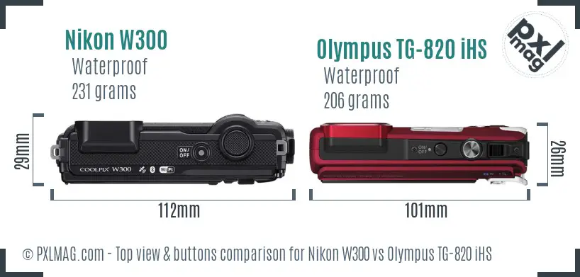 Nikon W300 vs Olympus TG-820 iHS top view buttons comparison