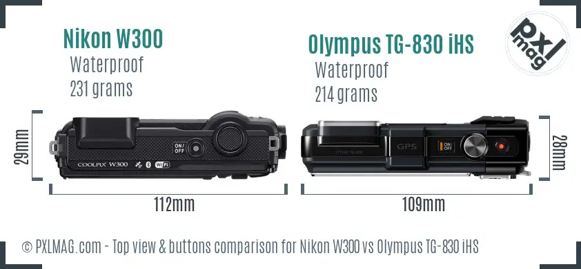 Nikon W300 vs Olympus TG-830 iHS top view buttons comparison
