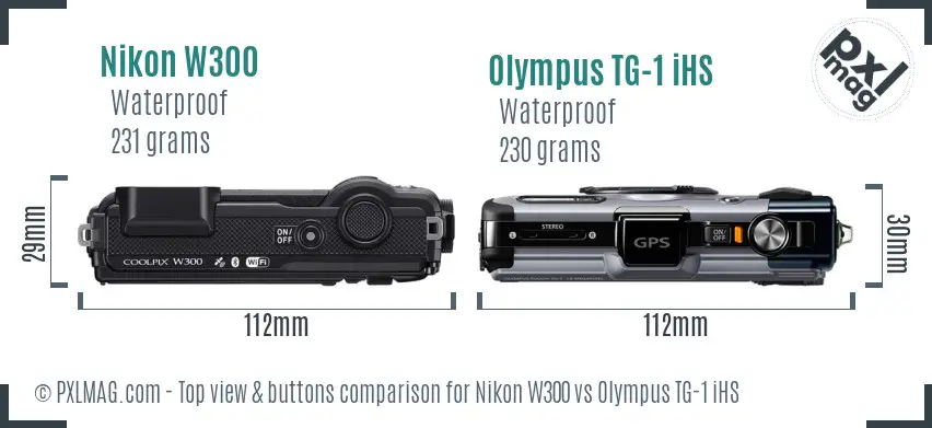 Nikon W300 vs Olympus TG-1 iHS top view buttons comparison