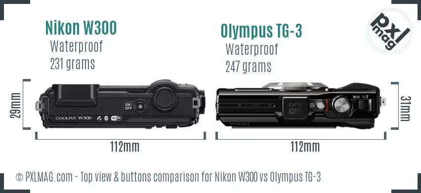Nikon W300 vs Olympus TG-3 top view buttons comparison