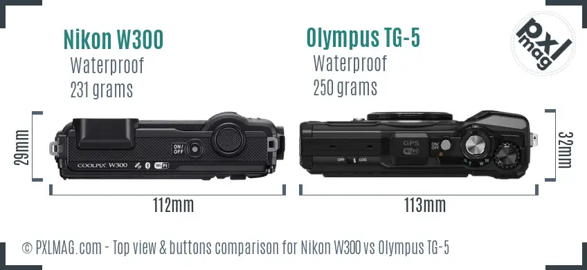Nikon W300 vs Olympus TG-5 top view buttons comparison