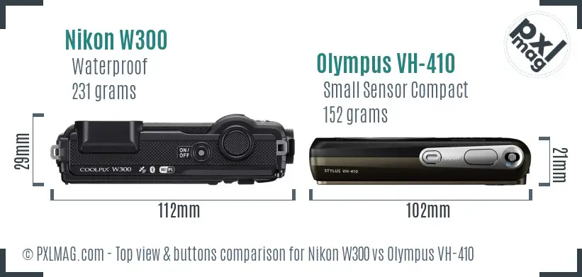 Nikon W300 vs Olympus VH-410 top view buttons comparison Nikon W300 vs Olympus VH-410 top view buttons comparison