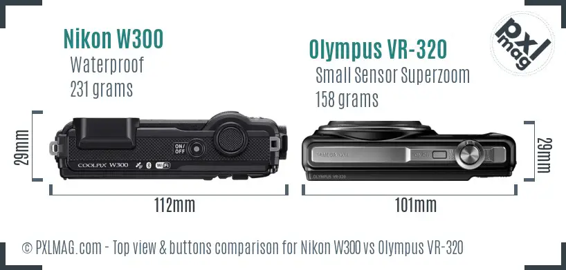 Nikon W300 vs Olympus VR-320 top view buttons comparison Nikon W300 vs Olympus VR-320 top view buttons comparison