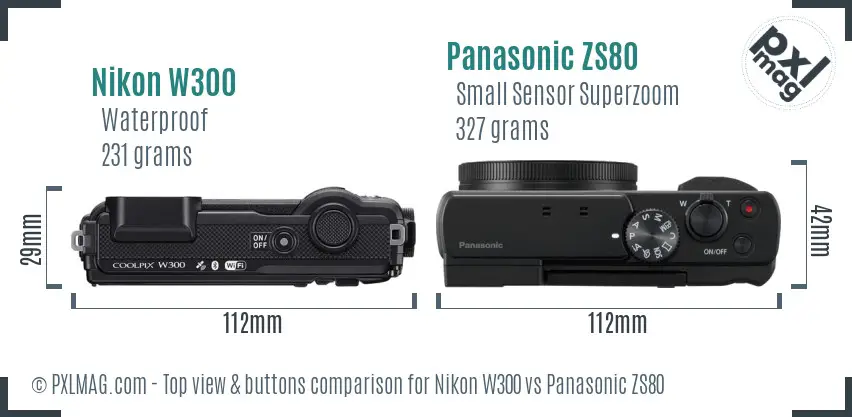 Nikon W300 vs Panasonic ZS80 top view buttons comparison