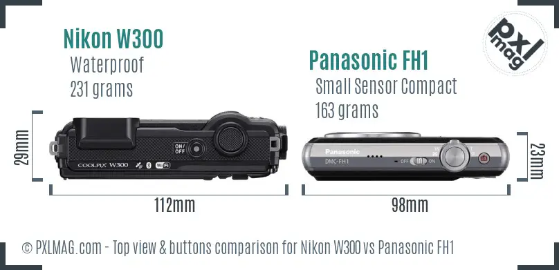 Nikon W300 vs Panasonic FH1 top view buttons comparison