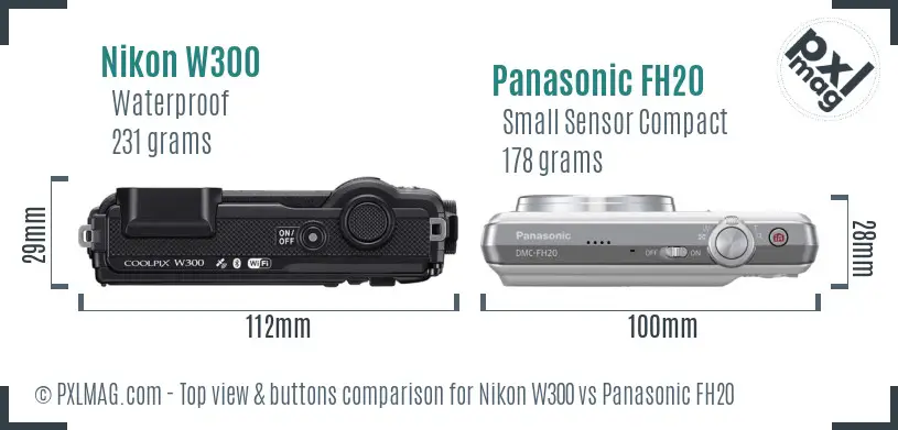 Nikon W300 vs Panasonic FH20 top view buttons comparison