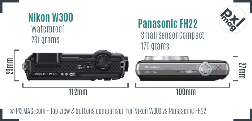 Nikon W300 vs Panasonic FH22 top view buttons comparison