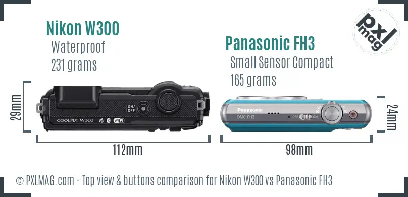 Nikon W300 vs Panasonic FH3 top view buttons comparison