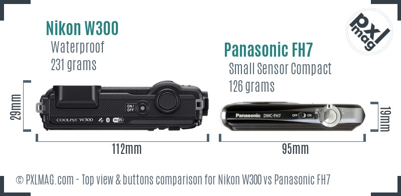 Nikon W300 vs Panasonic FH7 top view buttons comparison