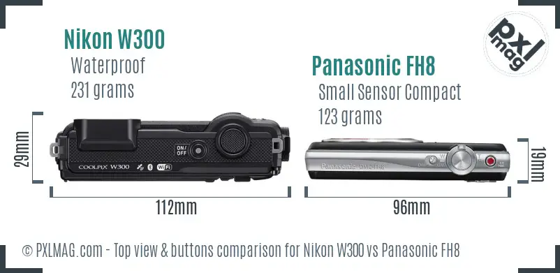 Nikon W300 vs Panasonic FH8 top view buttons comparison