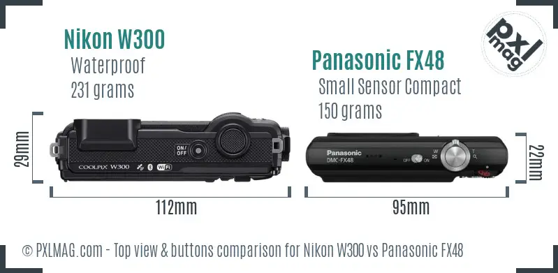Nikon W300 vs Panasonic FX48 top view buttons comparison Nikon W300 vs Panasonic FX48 top view buttons comparison