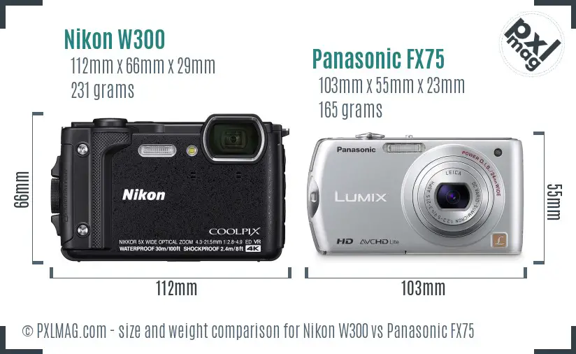 Nikon W300 vs Panasonic FX75 size comparison