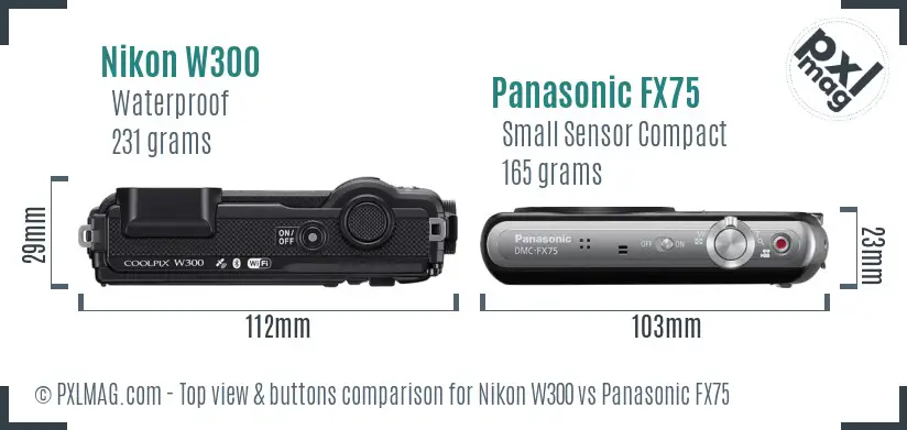Nikon W300 vs Panasonic FX75 top view buttons comparison