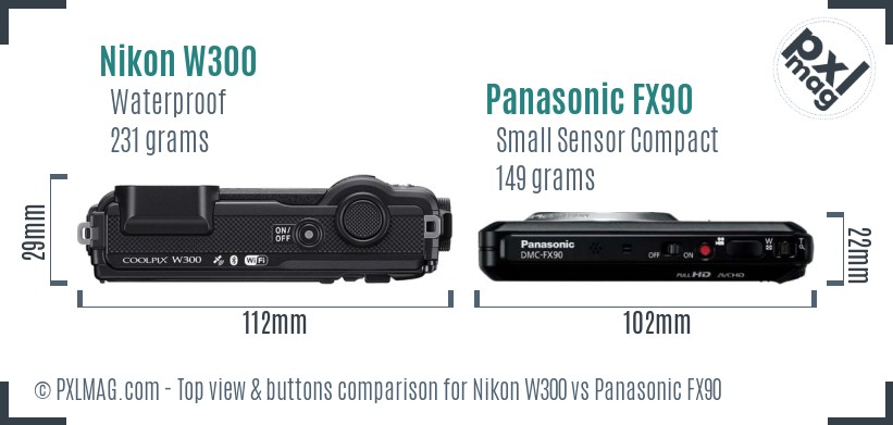 Nikon W300 vs Panasonic FX90 top view buttons comparison